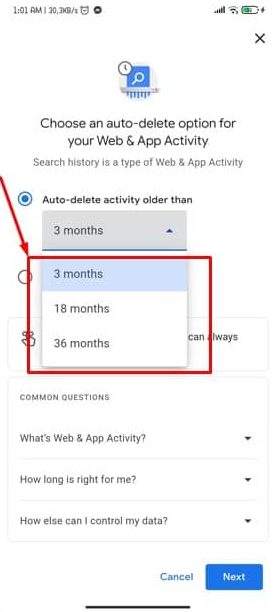 3/8/36 months duration setup for auto deletion Google search history