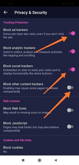 Firefox-Focus-Privacy-Settings для блокировки всплывающей рекламы на Android
