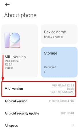 MIUI version-Build number on your Android