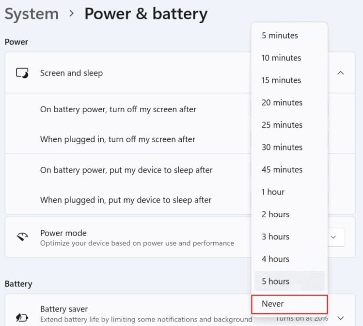 Turn off sleep mode in Windows 11