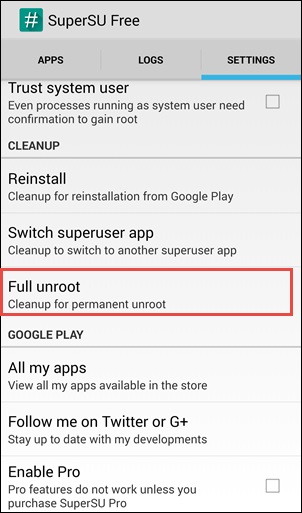 SuperSU App for Unrooting