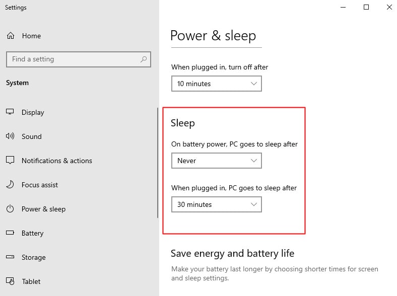 how to turn off sleep mode in Windows 10