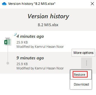 restore the previous version of OneDrive