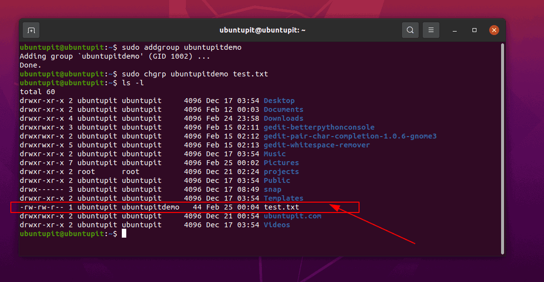 sudo chgrp command ubuntupitdemo test
