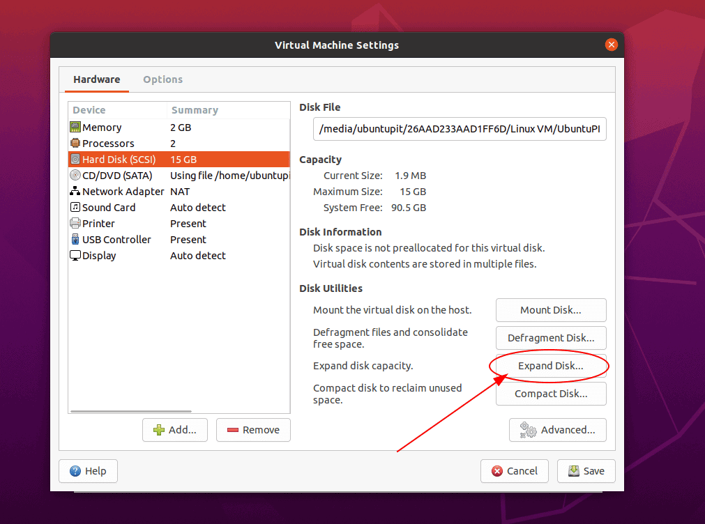 expand disk on VMware