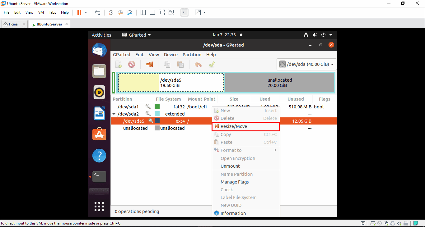 resize via gparted to increase VM virtual disk space