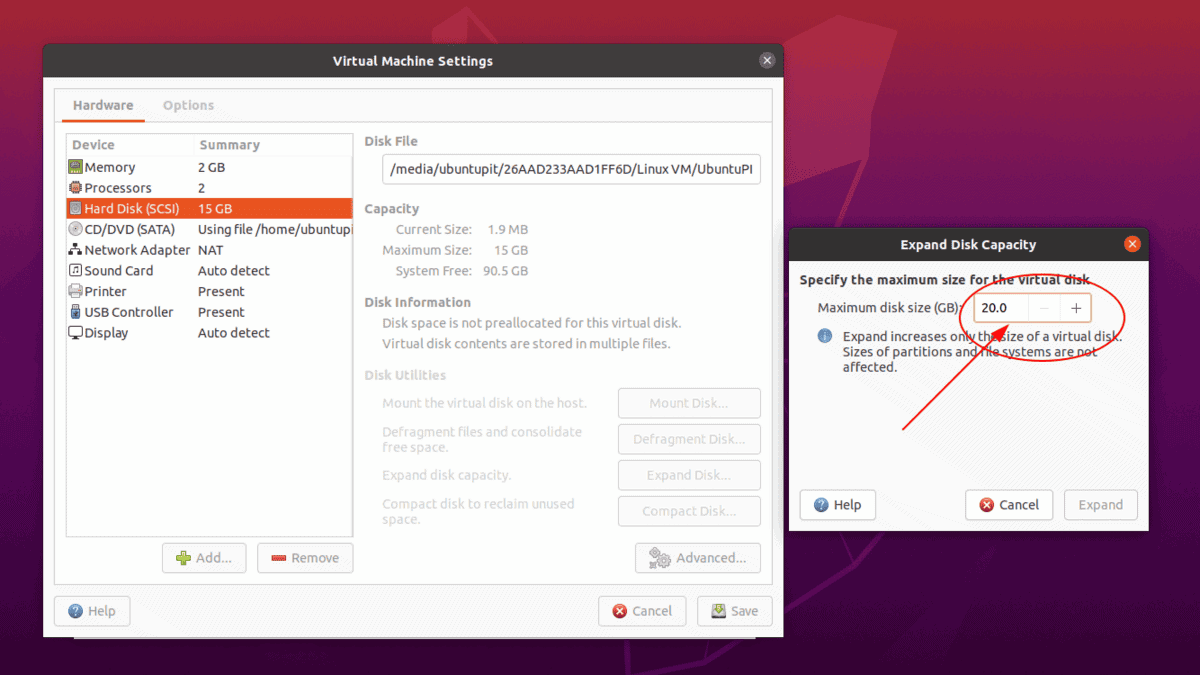 set to 20GB on VMware