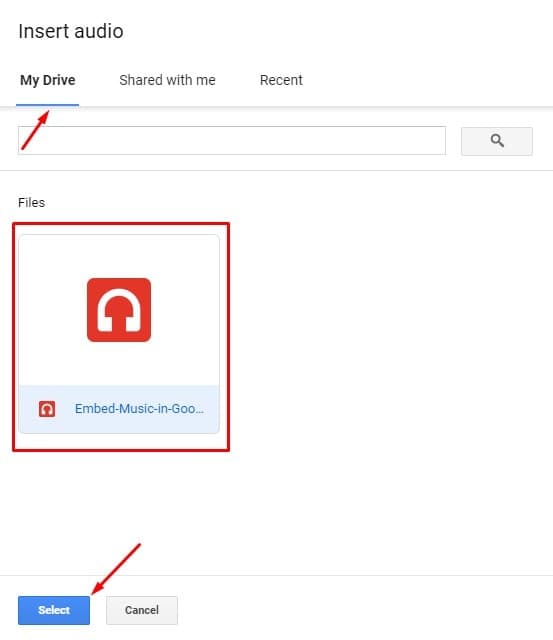 select-audio-track-from-Google-Drive-to-embed