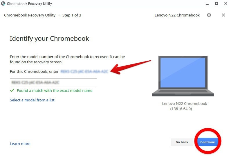Saisissez le numéro de modèle du Chromebook