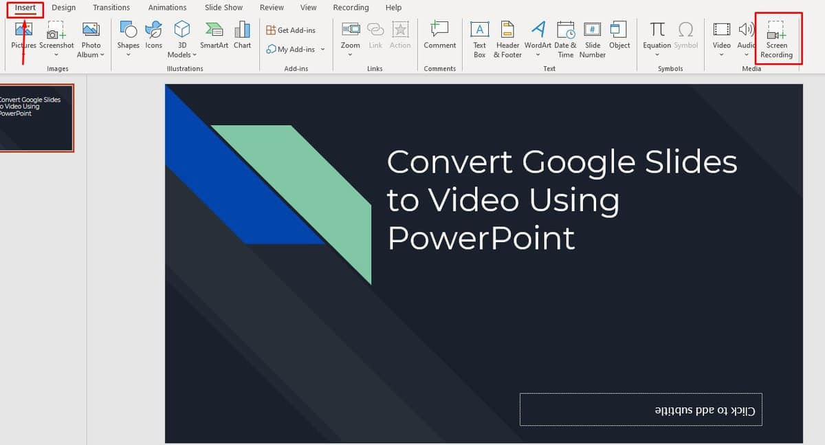 Open PowerPoint and Find Screen Recorder Option