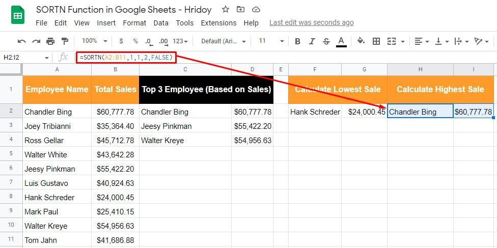 lowest-sales-results-using-SORTN-function