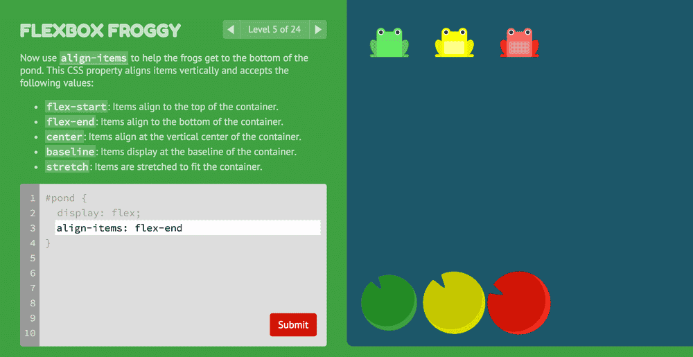 Flexbox froggy can be paired with Flexbox defense to provide the ultimate CSS flexbox learning.