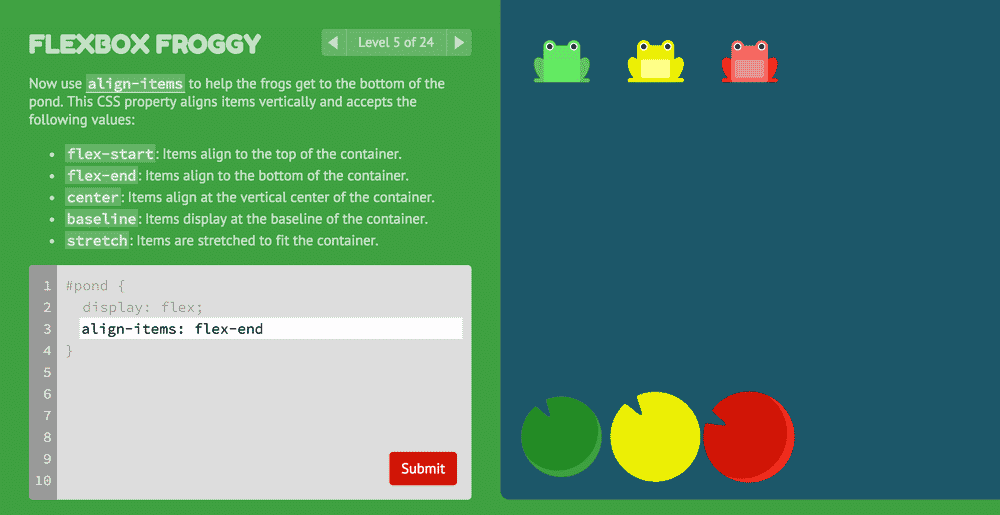 Flexbox froggy can be paired with Flexbox defense to provide the ultimate CSS flexbox learning.