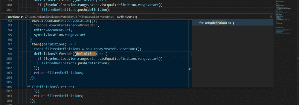 Peeking in VS code tracks down variable sources.