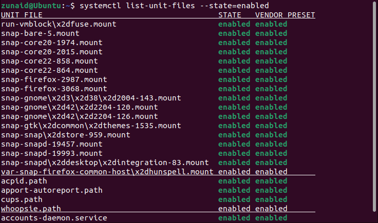 list enabled services using systemctl