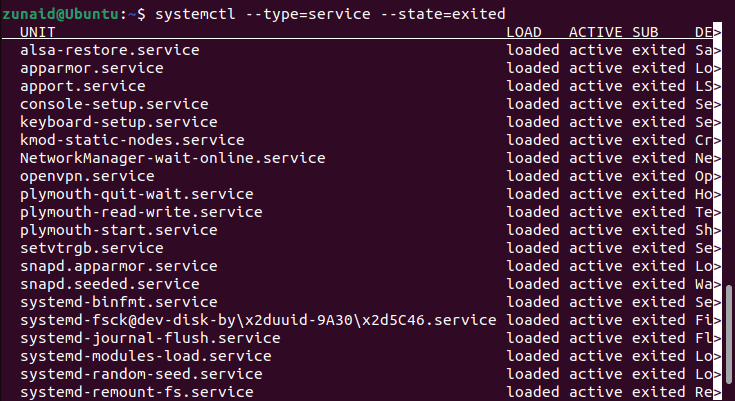 list exited services using systemctl