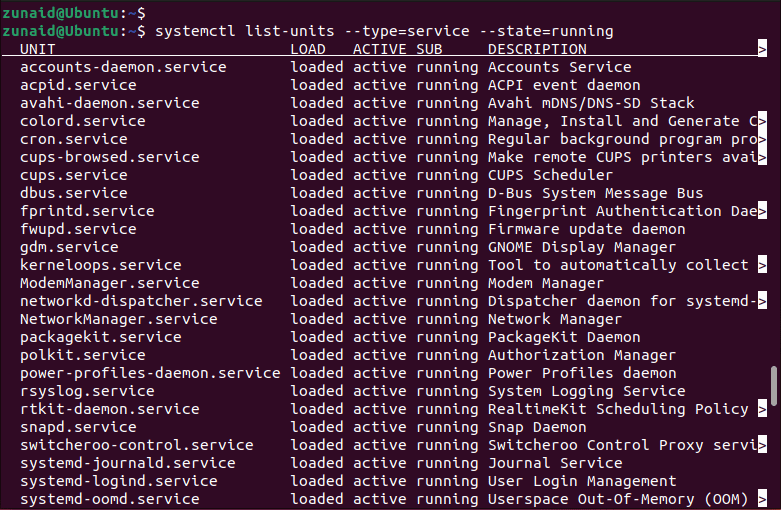 list running services using systemctl