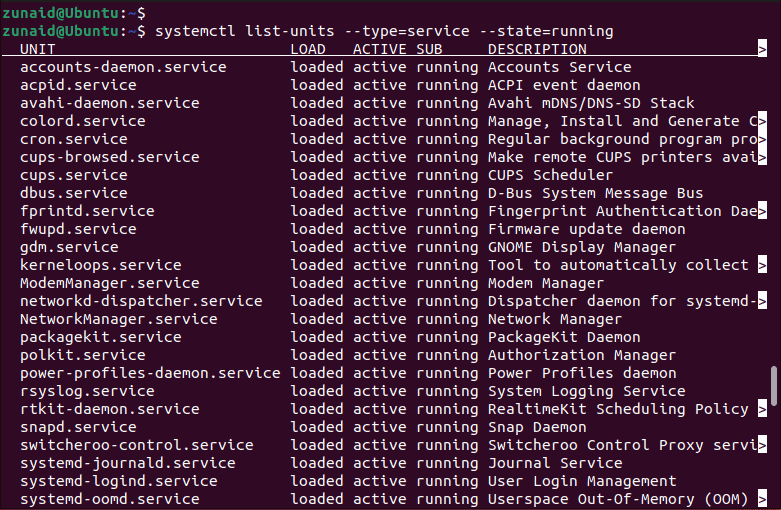 list running services using systemctl