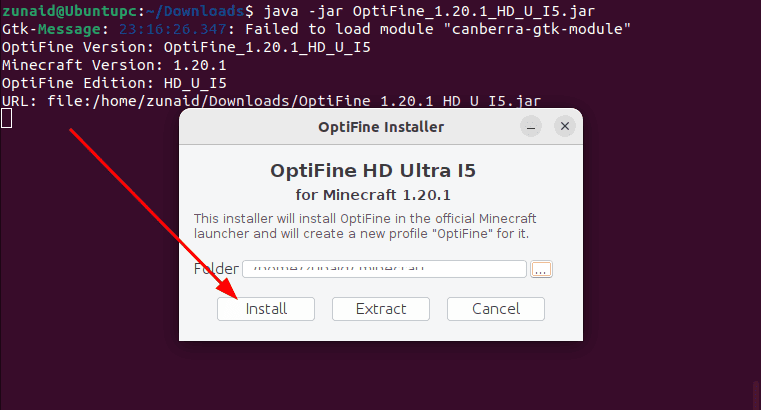 installing optifine on Ubuntu