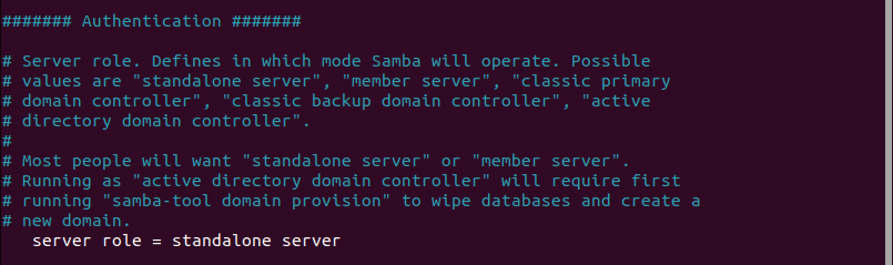 authentication in samba configuration file